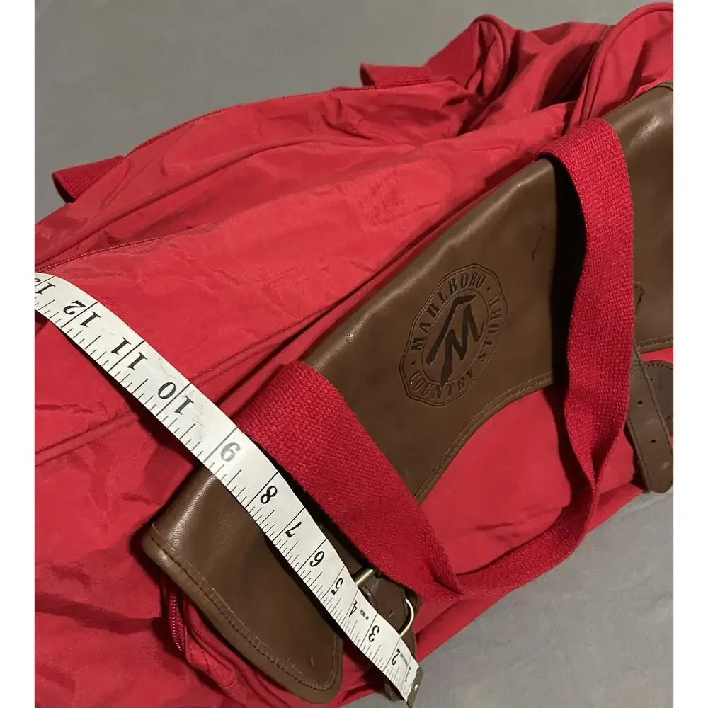 Vintage 90s Marlboro Country Store Red Duffle Bag Leather Flap Travel Gym